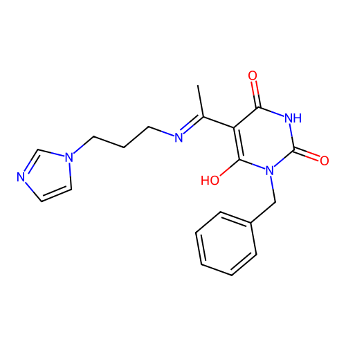 (E)-5-(1-((3-(1H-imidazol-1-yl)propyl)amino)ethylidene)-1-benzylpyrimidine-2,4,6(1H,3H,5H)-trione structure