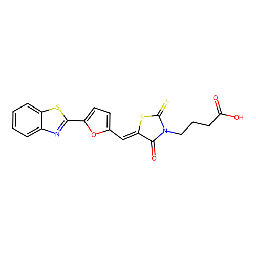4-[(5Z)-5-[[5-(1,3-benzothiazol-2-yl)furan-2-yl]methylidene]-4-oxo-2-sulfanylidene-1,3-thiazolidin-3-yl]butanoic acid structure