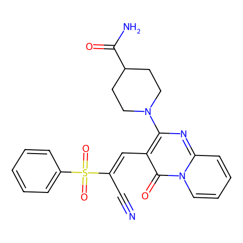 1-[3-[(E)-2-(benzenesulfonyl)-2-cyanoethenyl]-4-oxopyrido[1,2-a]pyrimidin-2-yl]piperidine-4-carboxamide structure