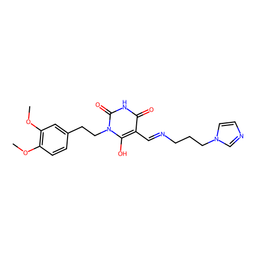 (5E)-1-[2-(3,4-dimethoxyphenyl)ethyl]-5-[(3-imidazol-1-ylpropylamino)methylidene]-1,3-diazinane-2,4,6-trione structure