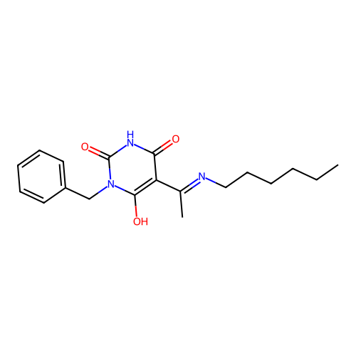(5E)-3-benzyl-5-[1-(hexylamino)ethylidene]-6-hydroxypyrimidine-2,4(3H,5H)-dione structure
