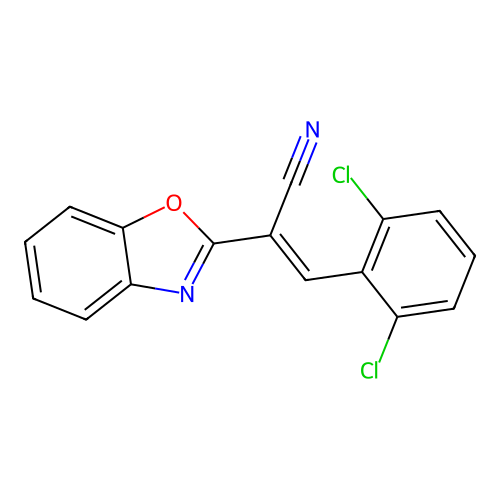 (2E)-2-(1,3-benzoxazol-2-yl)-3-(2,6-dichlorophenyl)prop-2-enenitrile structure