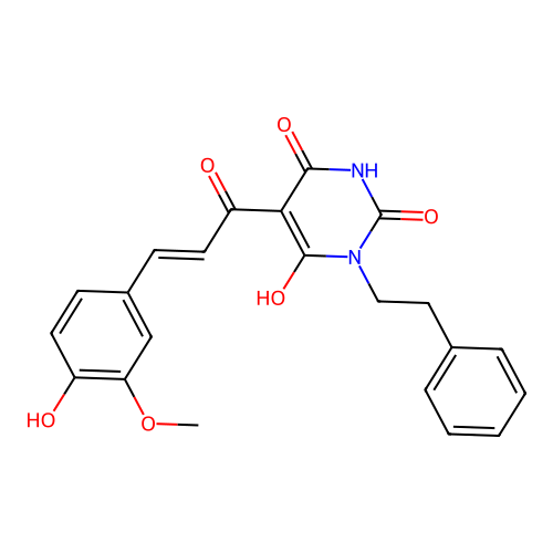 (E)-6-hydroxy-5-(3-(4-hydroxy-3-methoxyphenyl)acryloyl)-3-phenethylpyrimidine-2,4(1H,3H)-dione structure