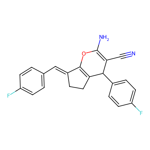 (7E)-2-amino-4-(4-fluorophenyl)-7-[(4-fluorophenyl)methylidene]-5,6-dihydro-4H-cyclopenta[b]pyran-3-carbonitrile structure