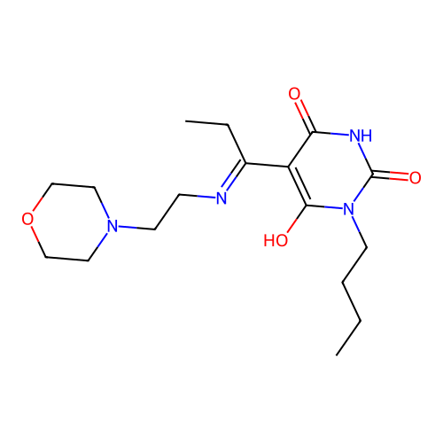 (5E)-1-butyl-5-[1-(2-morpholin-4-ylethylamino)propylidene]-1,3-diazinane-2,4,6-trione structure