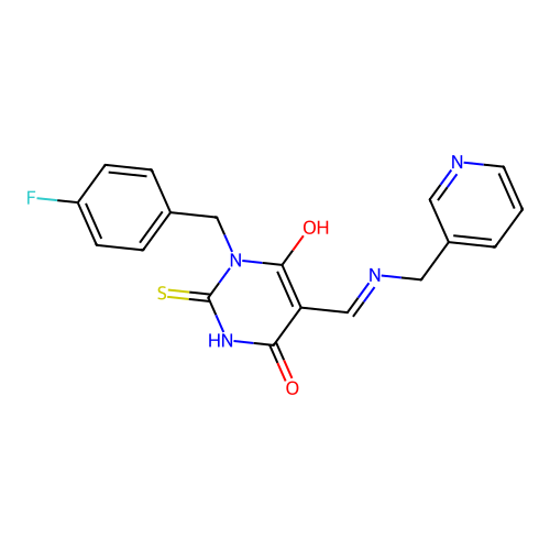 (5E)-1-(4-fluorobenzyl)-5-{[(pyridin-3-ylmethyl)amino]methylidene}-2-sulfanylpyrimidine-4,6(1H,5H)-dione structure