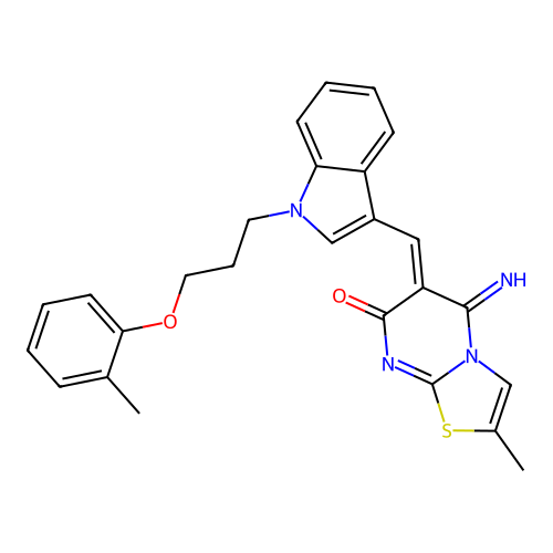 (6Z)-5-imino-2-methyl-6-({1-[3-(2-methylphenoxy)propyl]-1H-indol-3-yl}methylidene)-5,6-dihydro-7H-[1,3]thiazolo[3,2-a]pyrimidin-7-one structure
