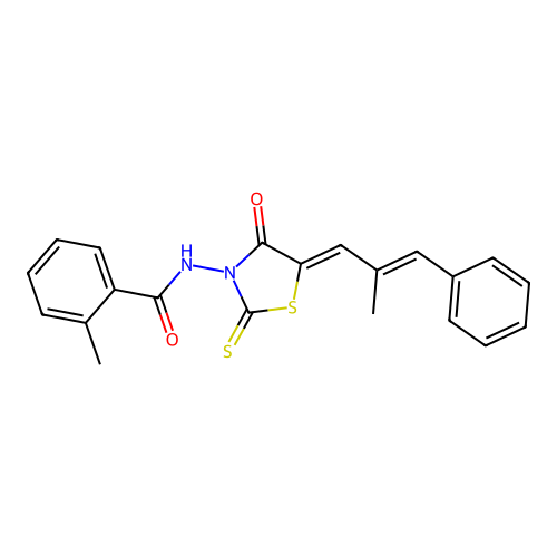 2-Methyl-N-{5-[(E)-2-methyl-3-phenyl-prop-2-en-(Z)-ylidene]-4-oxo-2-thioxo-thiazolidin-3-yl}-benzamide structure