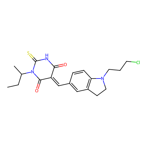 (5E)-1-butan-2-yl-5-[[1-(3-chloropropyl)-2,3-dihydroindol-5-yl]methylidene]-2-sulfanylidene-1,3-diazinane-4,6-dione structure