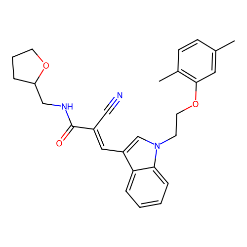 (2E)-2-cyano-3-{1-[2-(2,5-dimethylphenoxy)ethyl]-1H-indol-3-yl}-N-(tetrahydrofuran-2-ylmethyl)prop-2-enamide structure