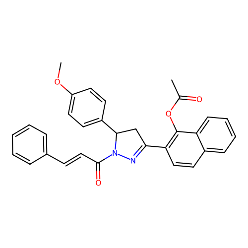 (E)-2-(1-cinnamoyl-5-(4-methoxyphenyl)-4,5-dihydro-1H-pyrazol-3-yl)naphthalen-1-yl acetate structure