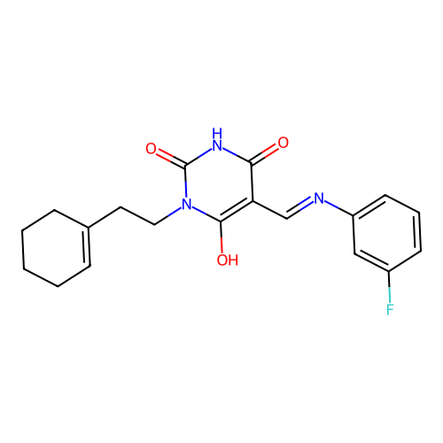 1-[2-(cyclohexen-1-yl)ethyl]-5-[(3-fluoroanilino)methylidene]-1,3-diazinane-2,4,6-trione structure