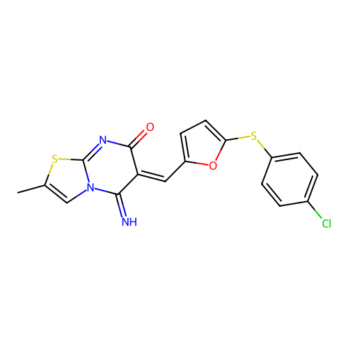 (6Z)-6-({5-[(4-chlorophenyl)sulfanyl]furan-2-yl}methylidene)-5-imino-2-methyl-5,6-dihydro-7H-[1,3]thiazolo[3,2-a]pyrimidin-7-one structure