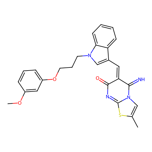 (6Z)-5-imino-6-[[1-[3-(3-methoxyphenoxy)propyl]indol-3-yl]methylidene]-2-methyl-[1,3]thiazolo[3,2-a]pyrimidin-7-one structure