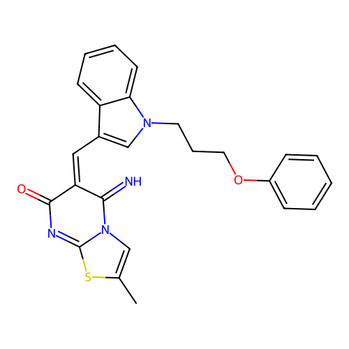 (6E)-5-imino-2-methyl-6-[[1-(3-phenoxypropyl)indol-3-yl]methylidene]-[1,3]thiazolo[3,2-a]pyrimidin-7-one structure