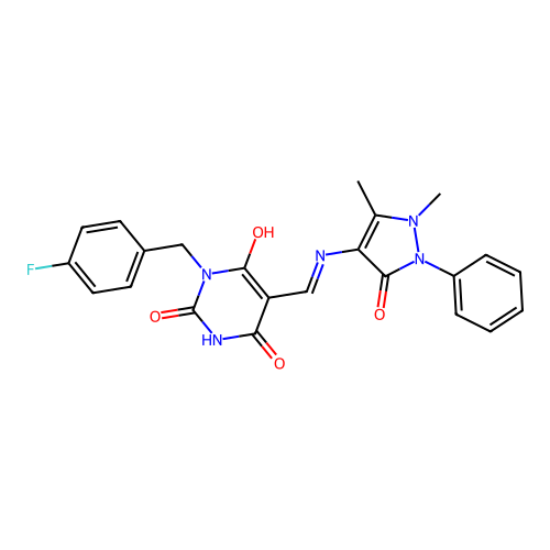 (E)-5-(((1,5-dimethyl-3-oxo-2-phenyl-2,3-dihydro-1H-pyrazol-4-yl)amino)methylene)-1-(4-fluorobenzyl)pyrimidine-2,4,6(1H,3H,5H)-trione structure