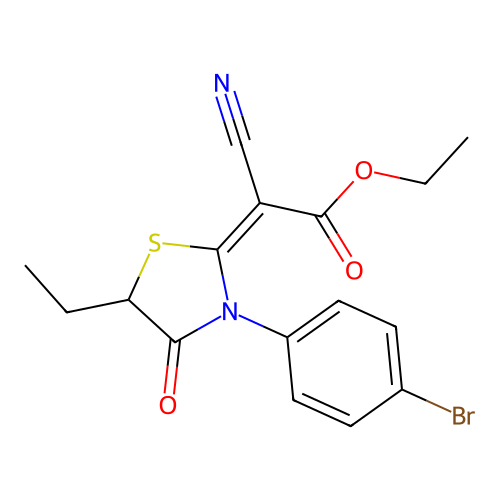 (E)-ethyl 2-(3-(4-bromophenyl)-5-ethyl-4-oxothiazolidin-2-ylidene)-2-cyanoacetate structure