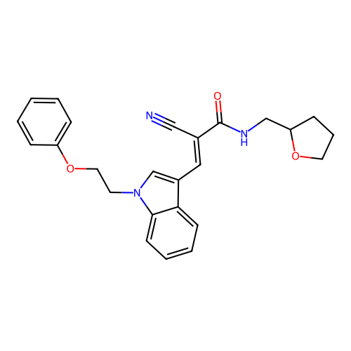 (E)-2-cyano-N-(oxolan-2-ylmethyl)-3-[1-(2-phenoxyethyl)indol-3-yl]prop-2-enamide structure