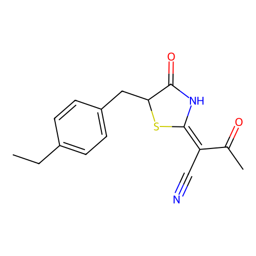 (E)-2-(5-(4-ethylbenzyl)-4-oxothiazolidin-2-ylidene)-3-oxobutanenitrile structure