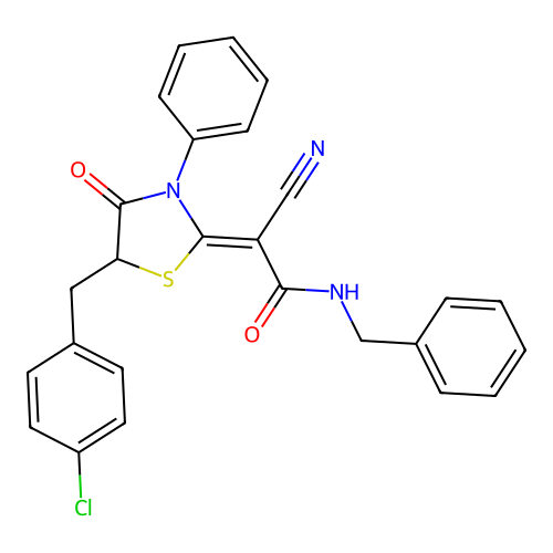 (Z)-N-benzyl-2-(5-(4-chlorobenzyl)-4-oxo-3-phenylthiazolidin-2-ylidene)-2-cyanoacetamide structure