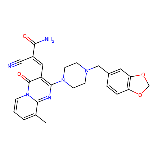 (E)-3-[2-(4-Benzo[1,3]dioxol-5-ylmethyl-piperazin-1-yl)-9-methyl-4-oxo-4H-pyrido[1,2-a]pyrimidin-3-yl]-2-cyano-acrylamide structure