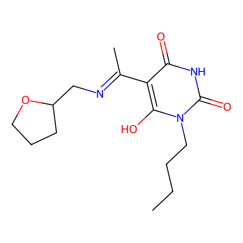 (5E)-1-butyl-5-[1-(oxolan-2-ylmethylamino)ethylidene]-1,3-diazinane-2,4,6-trione structure