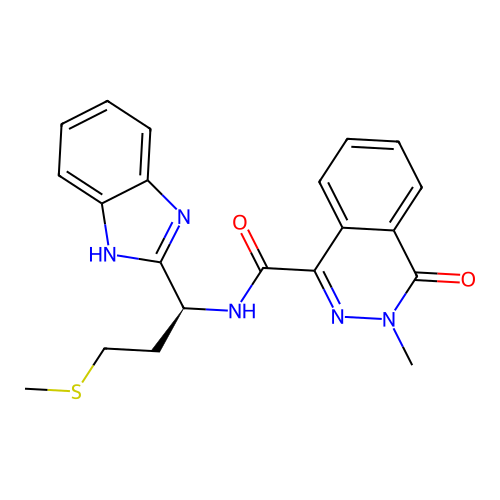 N-[(1S)-1-(1H-benzimidazol-2-yl)-3-methylsulfanylpropyl]-3-methyl-4-oxophthalazine-1-carboxamide structure