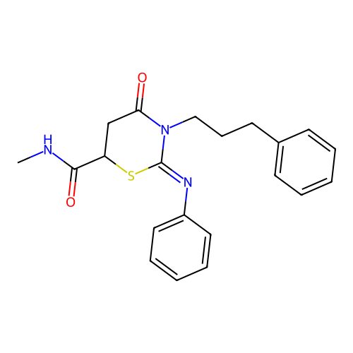 (2Z)-N-methyl-4-oxo-2-(phenylimino)-3-(3-phenylpropyl)-1,3-thiazinane-6-carboxamide structure