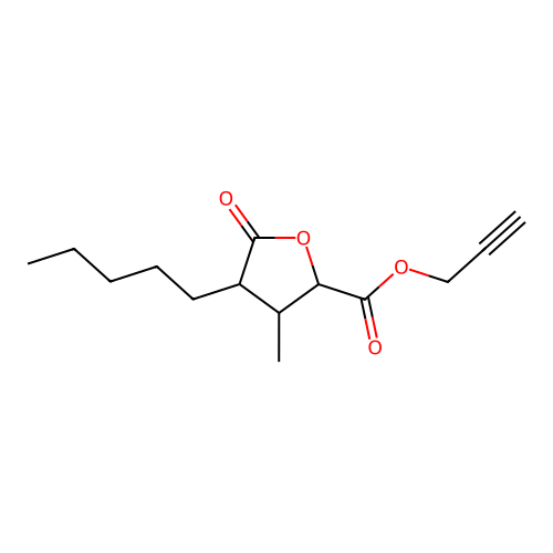 Prop-2-yn-1-yl 3-methyl-5-oxo-4-pentyltetrahydrofuran-2-carboxylate structure