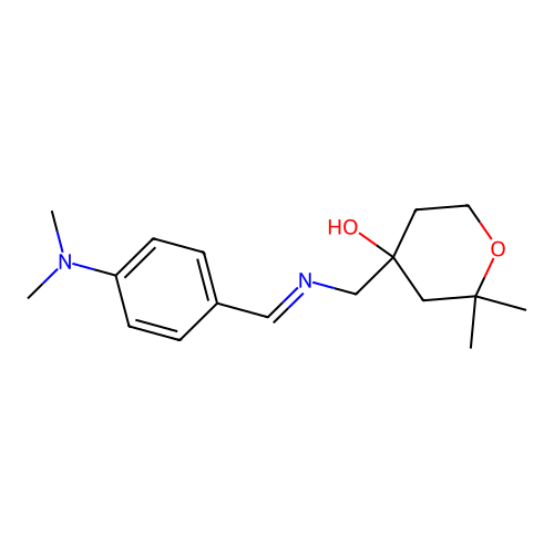 4-[({(E)-[4-(dimethylamino)phenyl]methylidene}amino)methyl]-2,2-dimethyltetrahydro-2H-pyran-4-ol structure