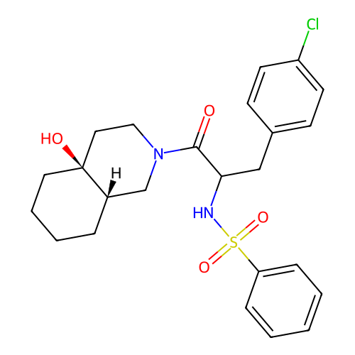 N-(3-(4-chlorophenyl)-1-((4aS,8aS)-4a-hydroxyoctahydroisoquinolin-2(1H)-yl)-1-oxopropan-2-yl)benzenesulfonamide structure