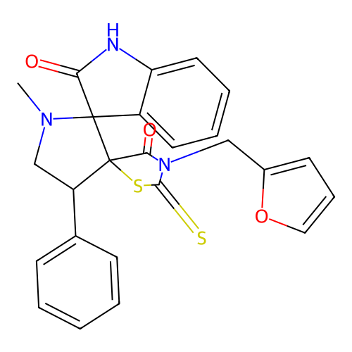 3''-(furan-2-ylmethyl)-1'-methyl-4'-phenyl-2''-thioxo-4''H-dispiro[indole-3,2'-pyrrolidine-3',5''-[1,3]thiazolidine]-2,4''(1H)-dione structure