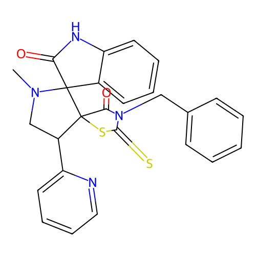 3''-benzyl-1'-methyl-4'-(pyridin-2-yl)-2''-thioxo-4''H-dispiro[indole-3,2'-pyrrolidine-3',5''-[1,3]thiazolidine]-2,4''(1H)-dione structure