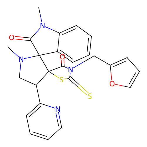 3''-(furan-2-ylmethyl)-1,1'-dimethyl-4'-(pyridin-2-yl)-2''-thioxo-4''H-dispiro[indole-3,2'-pyrrolidine-3',5''-[1,3]thiazolidine]-2,4''(1H)-dione structure