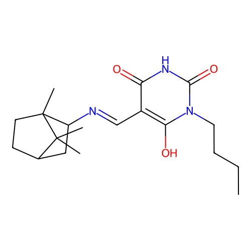 (5Z)-1-butyl-5-[[(4,7,7-trimethyl-3-bicyclo[2.2.1]heptanyl)amino]methylidene]-1,3-diazinane-2,4,6-trione structure