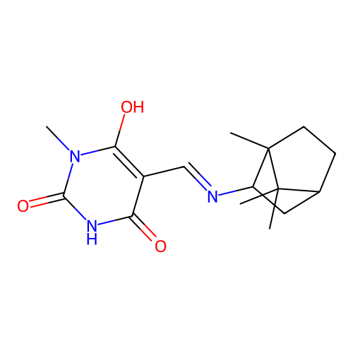 (5Z)-1-methyl-5-[[(4,7,7-trimethyl-3-bicyclo[2.2.1]heptanyl)amino]methylidene]-1,3-diazinane-2,4,6-trione structure