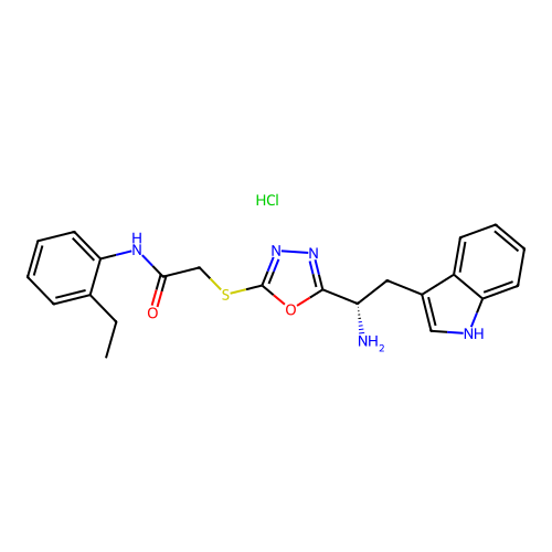 (S)-2-((5-(1-amino-2-(1H-indol-3-yl)ethyl)-1,3,4-oxadiazol-2-yl)thio)-N-(2-ethylphenyl)acetamide hydrochloride structure