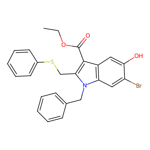 Ethyl 1-benzyl-6-bromo-5-hydroxy-2-(phenylsulfanylmethyl)indole-3-carboxylate structure