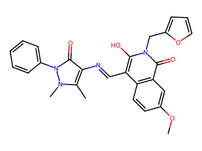 4-[[(1,5-dimethyl-3-oxo-2-phenyl-4-pyrazolyl)amino]methylidene]-2-(2-furanylmethyl)-7-methoxyisoquinoline-1,3-dione structure