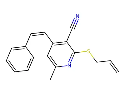 6-Methyl-4-(2-phenylethenyl)-2-prop-2-enylsulfanylpyridine-3-carbonitrile structure