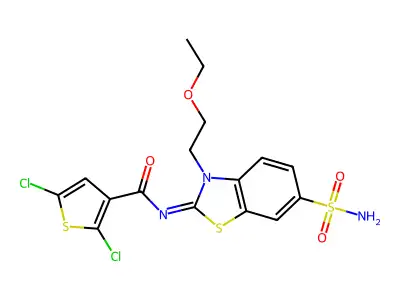 2,5-dichloro-N-[(2Z)-3-(2-ethoxyethyl)-6-sulfamoyl-2,3-dihydro-1,3-benzothiazol-2-ylidene]thiophene-3-carboxamide structure