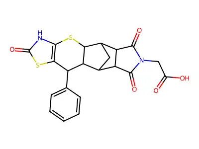 (2,6,8-trioxo-10-phenyl-3,4a,5,5a,6,8,8a,9,9a,10-decahydro-5,9-methano[1,3]thiazolo[5',4':5,6]thiopyrano[2,3-f]isoindol-7(2H)-yl)acetic acid structure