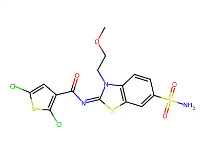 (Z)-2,5-dichloro-N-(3-(2-methoxyethyl)-6-sulfamoylbenzo[d]thiazol-2(3H)-ylidene)thiophene-3-carboxamide structure