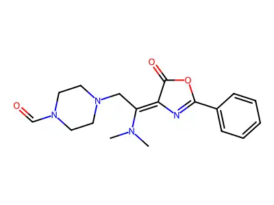 4-[2-(dimethylamino)-2-(5-oxo-2-phenyl-1,3-oxazol-4-ylidene)ethyl]piperazine-1-carbaldehyde structure