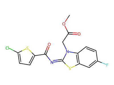 methyl 2-[2-(5-chlorothiophene-2-carbonyl)imino-6-fluoro-1,3-benzothiazol-3-yl]acetate structure