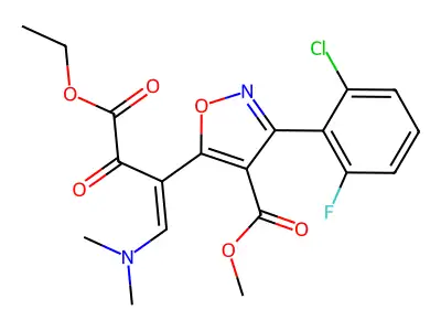 methyl 3-(2-chloro-6-fluorophenyl)-5-[1-(dimethylamino)-4-ethoxy-3,4-dioxobut-1-en-2-yl]-1,2-oxazole-4-carboxylate structure