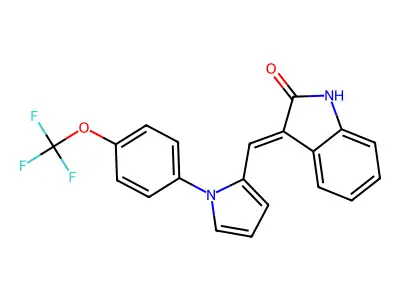 3-[[1-[4-(trifluoromethoxy)phenyl]pyrrol-2-yl]methylidene]-1H-indol-2-one structure