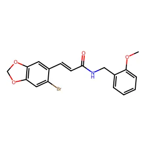 3-(6-bromo-1,3-benzodioxol-5-yl)-N-[(2-methoxyphenyl)methyl]prop-2-enamide structure