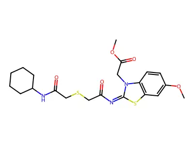 methyl 2-[2-[2-[2-(cyclohexylamino)-2-oxoethyl]sulfanylacetyl]imino-6-methoxy-1,3-benzothiazol-3-yl]acetate structure