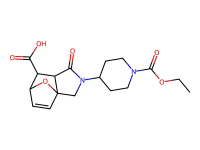 2-[1-(ethoxycarbonyl)piperidin-4-yl]-1-oxo-1,2,3,6,7,7a-hexahydro-3a,6-epoxyisoindole-7-carboxylic acid structure